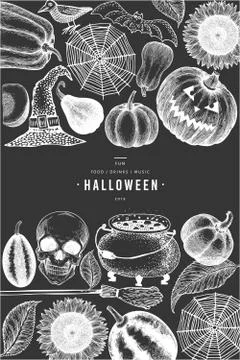 Halloween banner template. Vector hand drawn illustrations on chalk board. De Stock Illustration