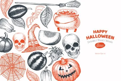 Halloween banner template. Vector hand drawn illustrations. Design with pumpk Stock Illustration