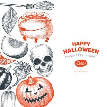 Halloween banner template. Vector hand drawn illustrations. Design with pumpk Stock Illustration