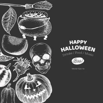Halloween banner template. Vector hand drawn illustrations on chalk board. De Stock Illustration