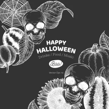 Halloween banner template. Vector hand drawn illustrations on chalk board. De Stock-Illustration