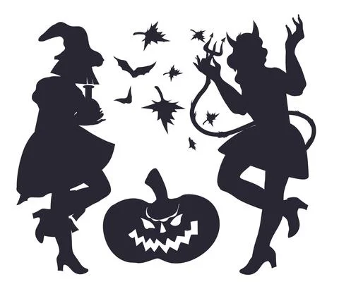 Halloween banner with witch and devil women black silhouette, vector isolated. 스톡 일러스트