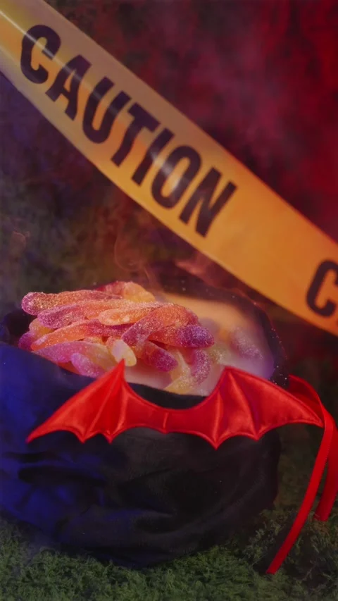 Halloween bat candy bag overflowing with sweets behind caution tape 库存影片 342423130