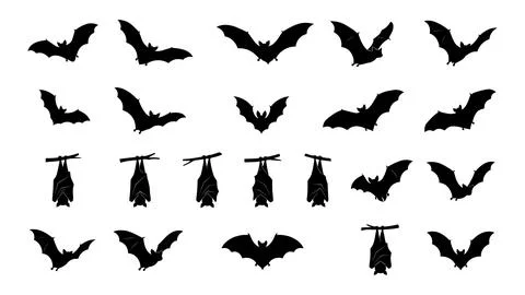 Halloween bat silhouettes in various flying and hanging poses Stock Illustration