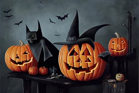 Halloween bats with pumpkins on blue wooden Stock Illustration