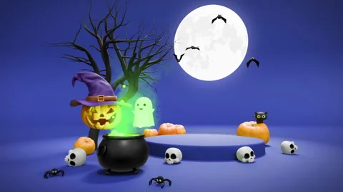 Halloween Blue Background with Jack-O’-Lanterns, Ghosts and Witch pot Video stock 318116554