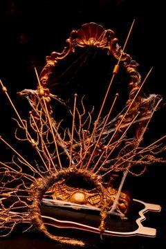 Halloween book composition, spider web, old vintage frame on a black background Stock Photos