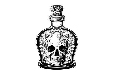 Halloween bottle with scull inside hand drawn ink sketch. Engraved style vector 스톡 일러스트