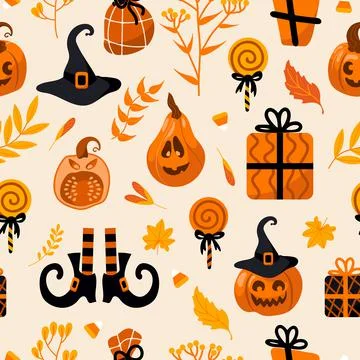 Halloween bright seamless vector pattern. Pumpkin jack-o-lantern, witch hat Illustrazione stock