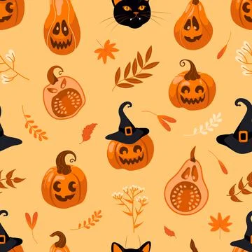 Halloween bright seamless vector pattern. Pumpkin jack-o-lantern, witch hat Stock Illustration