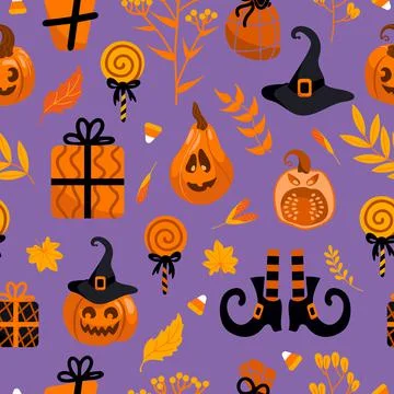 Halloween bright seamless vector pattern. Pumpkin jack-o-lantern, witch hat Stock Illustration