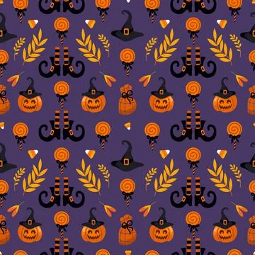 Halloween bright seamless vector pattern. Pumpkin jack-o-lantern, witch hat Stock Illustration