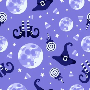 Halloween bright seamless vector pattern. Witch hat, striped stockings, shoes Stock Illustration