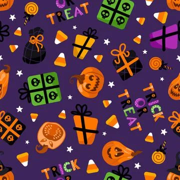 Halloween bright seamless vector pattern. Pumpkin lantern, witch hat, striped イラスト素材