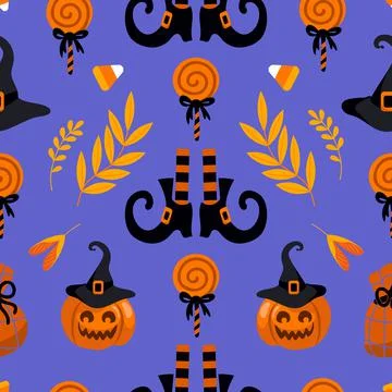 Halloween bright seamless vector pattern. Pumpkin jack-o-lantern, witch hat, Illustrazione stock