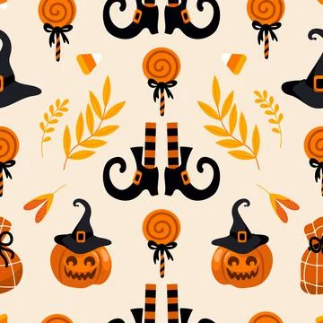 Halloween bright seamless vector pattern. Pumpkin jack-o-lantern, witch hat, 스톡 일러스트