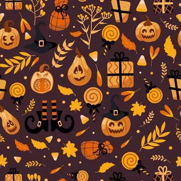 Halloween bright seamless vector pattern. Pumpkin jack-o-lantern, witch hat Stock Illustration