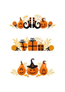 Halloween bright set vector illustration. Pumpkin jack-o-lantern, witch hat Illustrazione stock