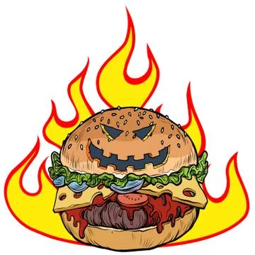 Halloween Burger in the flames of hell. Hot food Illustrazione stock