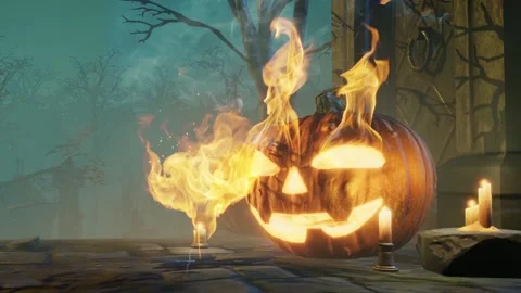 Halloween burning pumpkin head Jack lantern on the graveyard Video stock 211081032
