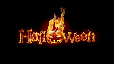 Halloween burning pumpkin head Jack lantern, letters with fire flames Video stock 249996234
