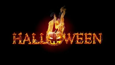 Halloween burning pumpkin head Jack lantern, letters with fire flames Video stock 249996243