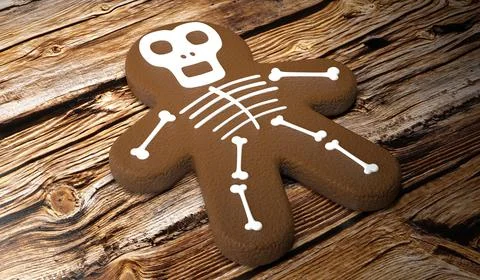 Halloween cake skeleton cookie on wooden background - 3D illustration Stock Illustration