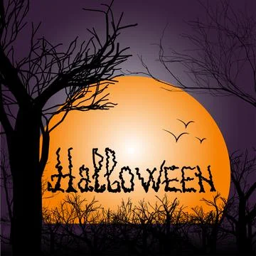 Halloween calligraphy with night landscape. Vector illustration for greeting Illustrazione stock
