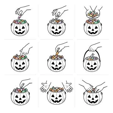 Halloween candy bucket illustrations, pumpkin trick-or-treat hand interacti.. イラスト素材