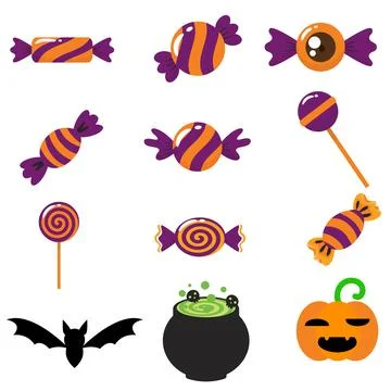 Halloween candy bundle vector set isolated on white with pumpkin bat and wi.. Illustrazione stock