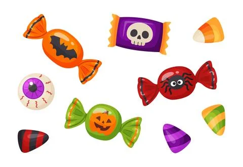 Halloween Candy Collection with Spooky Bat, Skull, Spider and Pumpkin Sweets Ilustração Stock