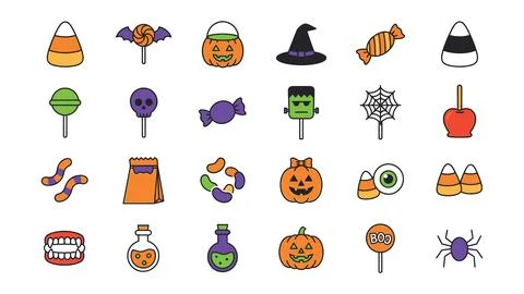 Halloween candy flat outline icon pack in vibrant orange purple and green c.. 库存插图