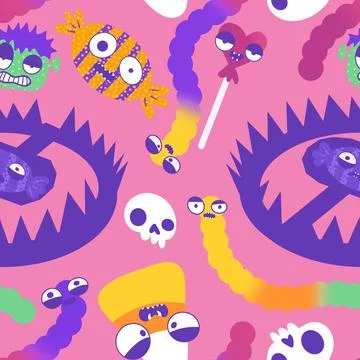 Halloween candy seamless monster face pattern for wrapping paper and fabrics Illustrazione stock