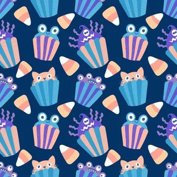 Halloween candy seamless muffins pattern for wrapping paper and fabric Illustrazione stock
