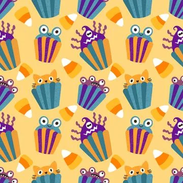 Halloween candy seamless muffins pattern for wrapping paper and fabric Stock Illustration