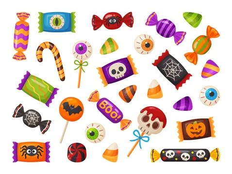 Halloween candy set. Holiday sweets. Hand drawn trendy flat style Stock Illustration