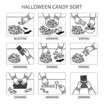 Halloween candy sort illustration, black and white line art, 9 step process.. Stock Illustration