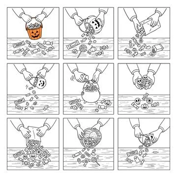 Halloween candy sorting illustration, trick-or-treat sweets organization, b.. Stock Illustration