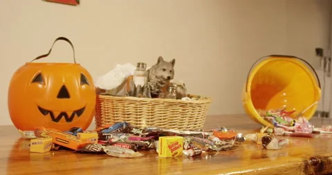 Halloween candy on table Stock Footage 137054318
