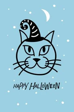 Halloween card with cat muzzle in Witch hat cap and Happy Halloween text. Black Stock Illustration