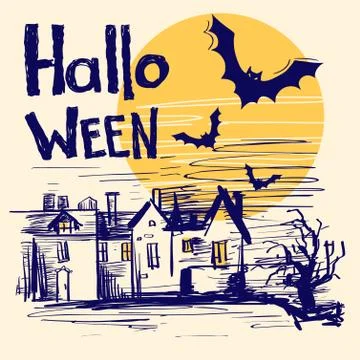 Halloween card with text. Vector color hand drawn illustration Stock Illustration