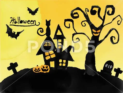 Halloween card, watercolour silhouette haunted house and graveyard Stock Illustration
