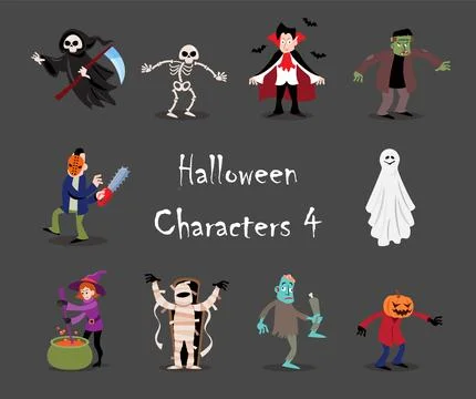 Halloween cartoon characters . Gray isolate background . Vector . Set 4 of 4  Stock Illustration