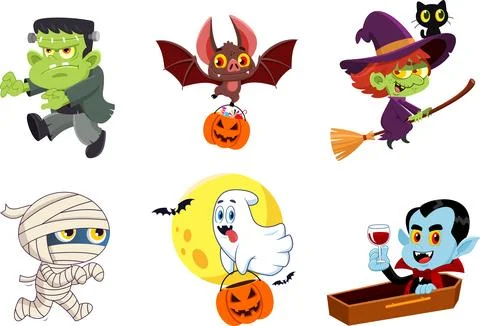 Halloween Cartoon Characters. Vector Flat Design Collection Set Stock-Illustration
