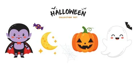 Halloween Cartoon Elements Collection, Vampire, Ghost, Pumpkin, Candy, Moon, Bat Stock Illustration