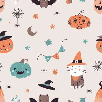 Halloween cartoon seamless pattern with pumpkins, bat and spider. Witch cat in Stockillustratie