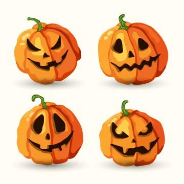 Halloween cartoon smiling spooky face pumpkins set Stock Illustration
