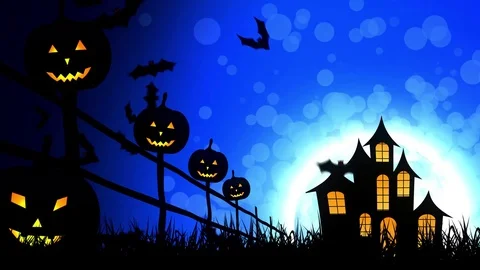 Halloween Castle Pumpkins in Blue Background Stock Footage 79791894