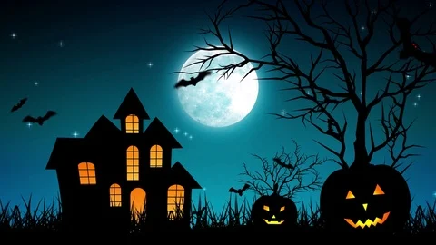 Halloween Castle Pumpkins in Cyan Background Stock Footage 79792005