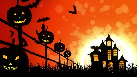 Halloween Castle Pumpkins in Orange Background Stock Footage 79791932
